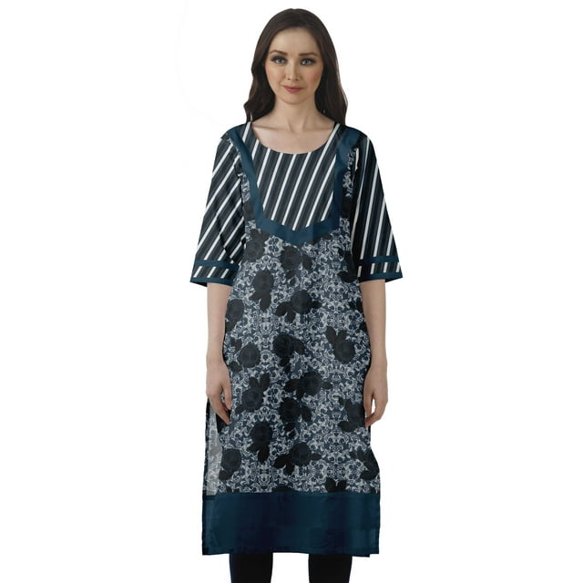 Moomaya Robes Indiennes pour Femmes Décontractées d'Été Imprimées Manches 3/4 Longue Kurta