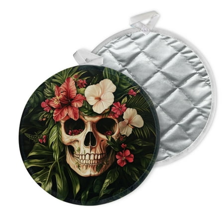 

2 PCS Pot Holders for Kitchen Potholders Sets with Hook for Oven Cooking Baking Skull Adorned With Tropical Flowers And Leaves
