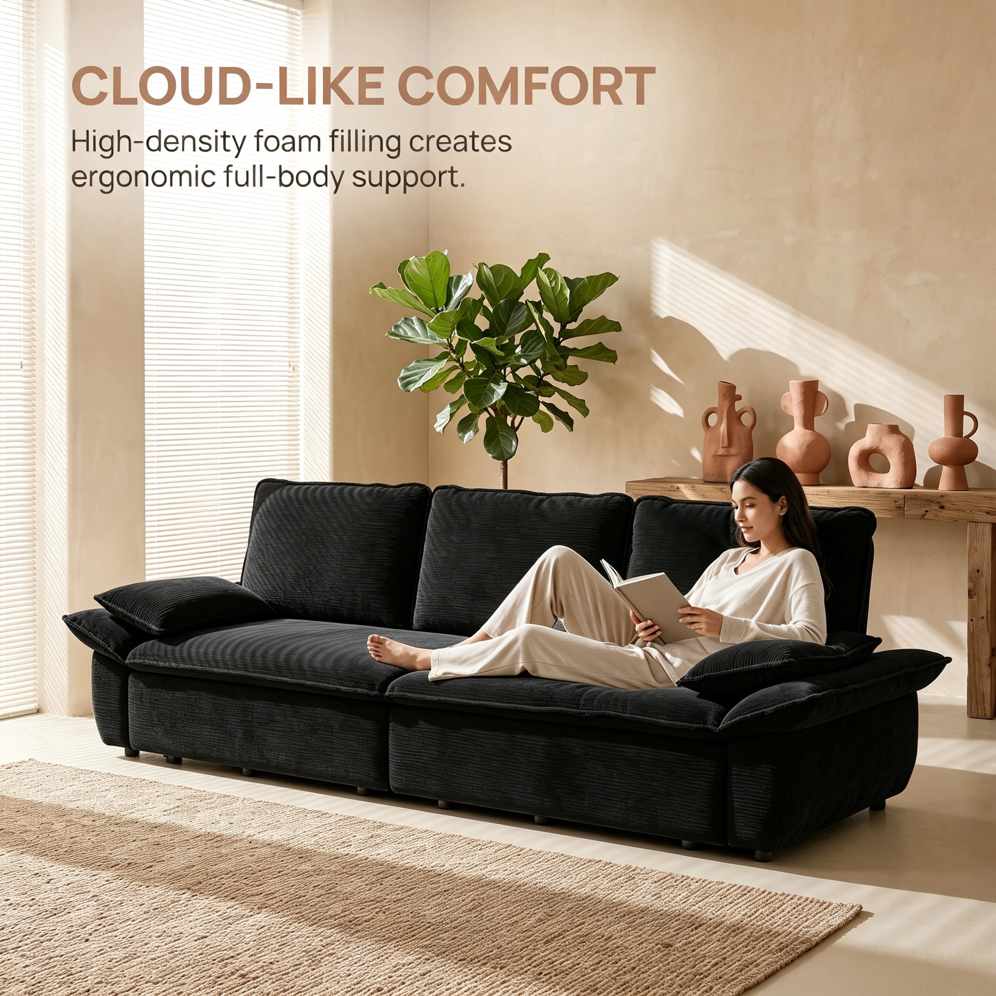 3-in-1 King Size Sleeper Sofa Bed, 94.5" Corduroy Convertible Pull Out Couch with Steel Frame, Modern Folding Lounge Sofa for Living Room, Black