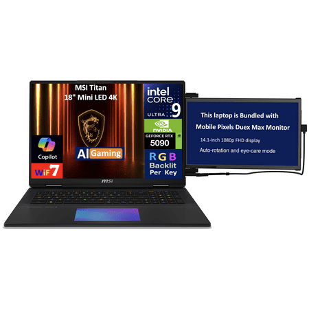MSI Titan AI Gaming Laptop 18in 120Hz Mini LED 4K Display (Intel Ultra 9- 285HX, NVIDIA GeForce RTX 5090 24GB, 64GB DDR5, 2x8TB PCIe SSD (16TB), Per Key RGB KB, Win 11 Pro) w/Duex Max DS Monitor