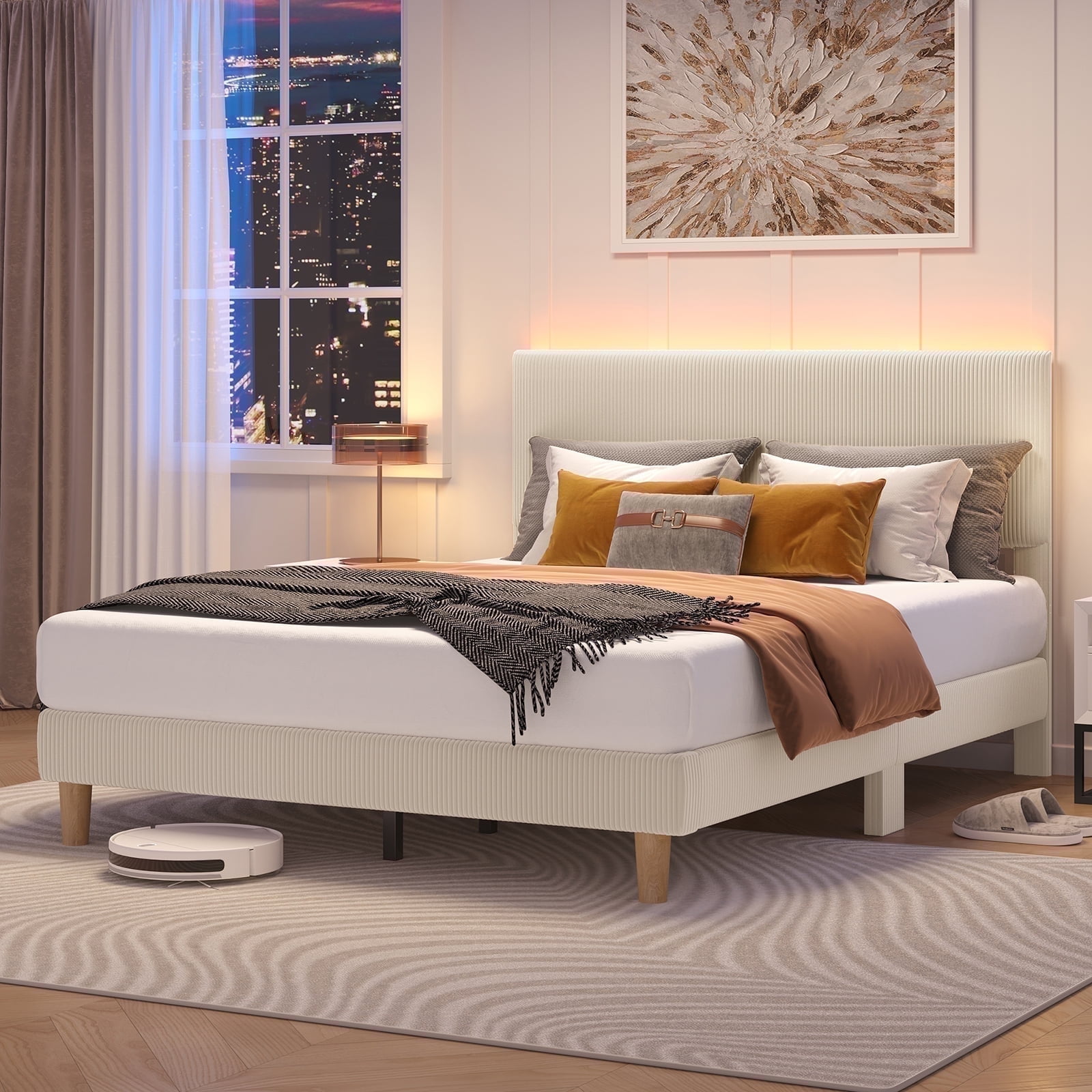 Bestier Corduroy Upholstered Queen Bed Frame with Adjustable Headboard, Platform Bed Frame with LED Light, Solid Wood Slats, No Box Spring Needed, Off White