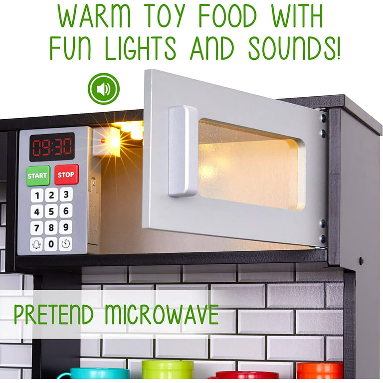 Lil' Jumbl Kids Kitchen Set, Pretend Wooden Play Kitchen, Battery Operated  Icemaker & Microwave with Realistic Sound, Pots & Pan Included - Charcoal