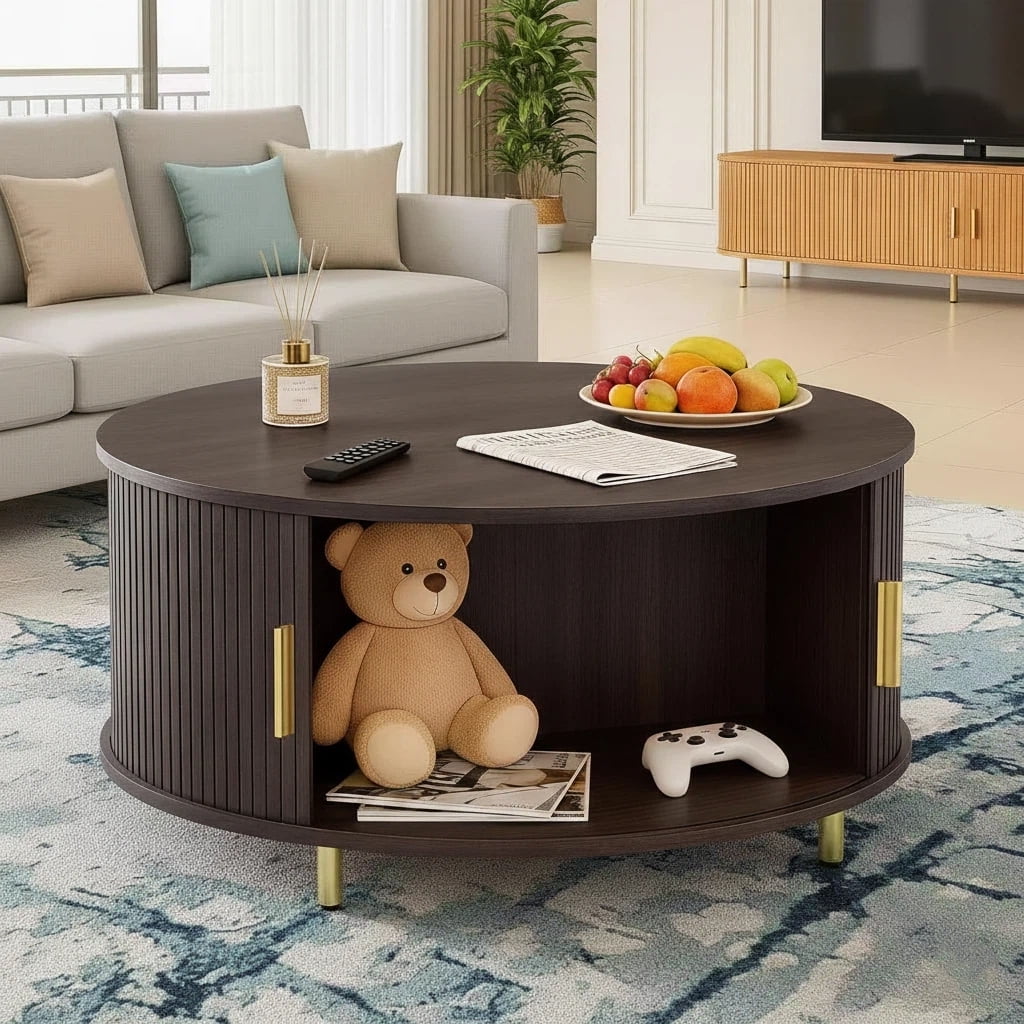 Aisword Round Coffee Table with 360° Sliding Door and Storage in Brown