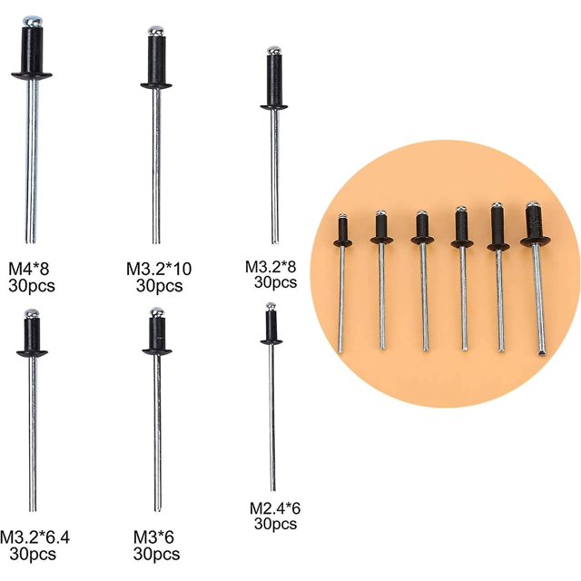 Kit de remaches ciegos negros 180 piezas Surtido de remaches ciegos de aluminio para maquinaria de construcción Electrodomésticos Muebles (m2.4/m3.0/m3.2/m4) ShuxiuWang 8390614791770