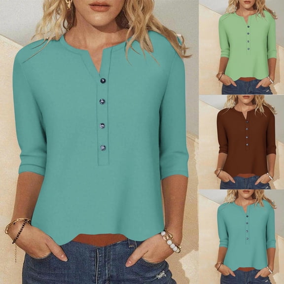 SROBPTY Womens Fall Top, 3/4 Sleeve Shirts for Women, Women's Casual Loose Button V Neck 3/4 Sleeve T-shirt Top Mint Green,XXXXXL