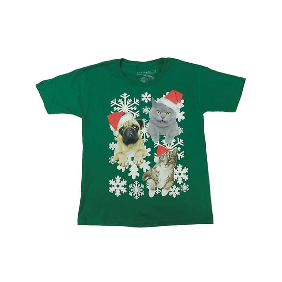 Boys Green Holiday Cats & Dog Short Sleeve T-Shirt Christmas Snow Tee Shirt S