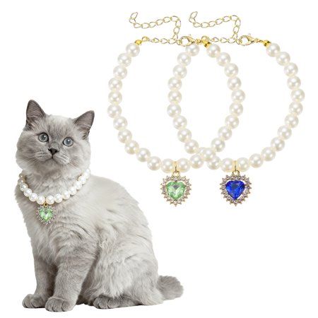 Uxcell Cat Dog Pearl Collar Small Heart Shape Rhinestone Cute Cat Collar Necklace Adjustable (S Green/Blue 2Pcs ) for Wedding Party Pet Jewelry Accessories Puppies Kitten
