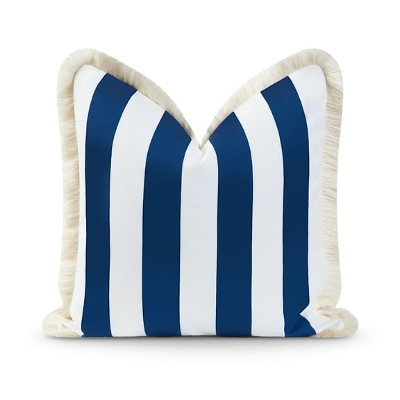 Hofdeco Premium Coastal Hampton Style Patio Indoor Outdoor Pillow Cover Only, 20"x20" Water Resistant for Backyard, Couch, Navy Blue Stripe Fringe