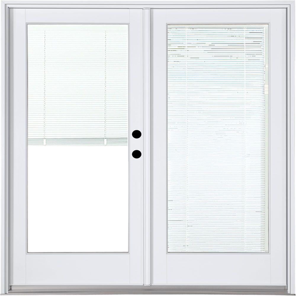 72 In X 80 Fiberglass Smooth White Left Hand Inswing Hinged Patio Door With Low E Built Blinds