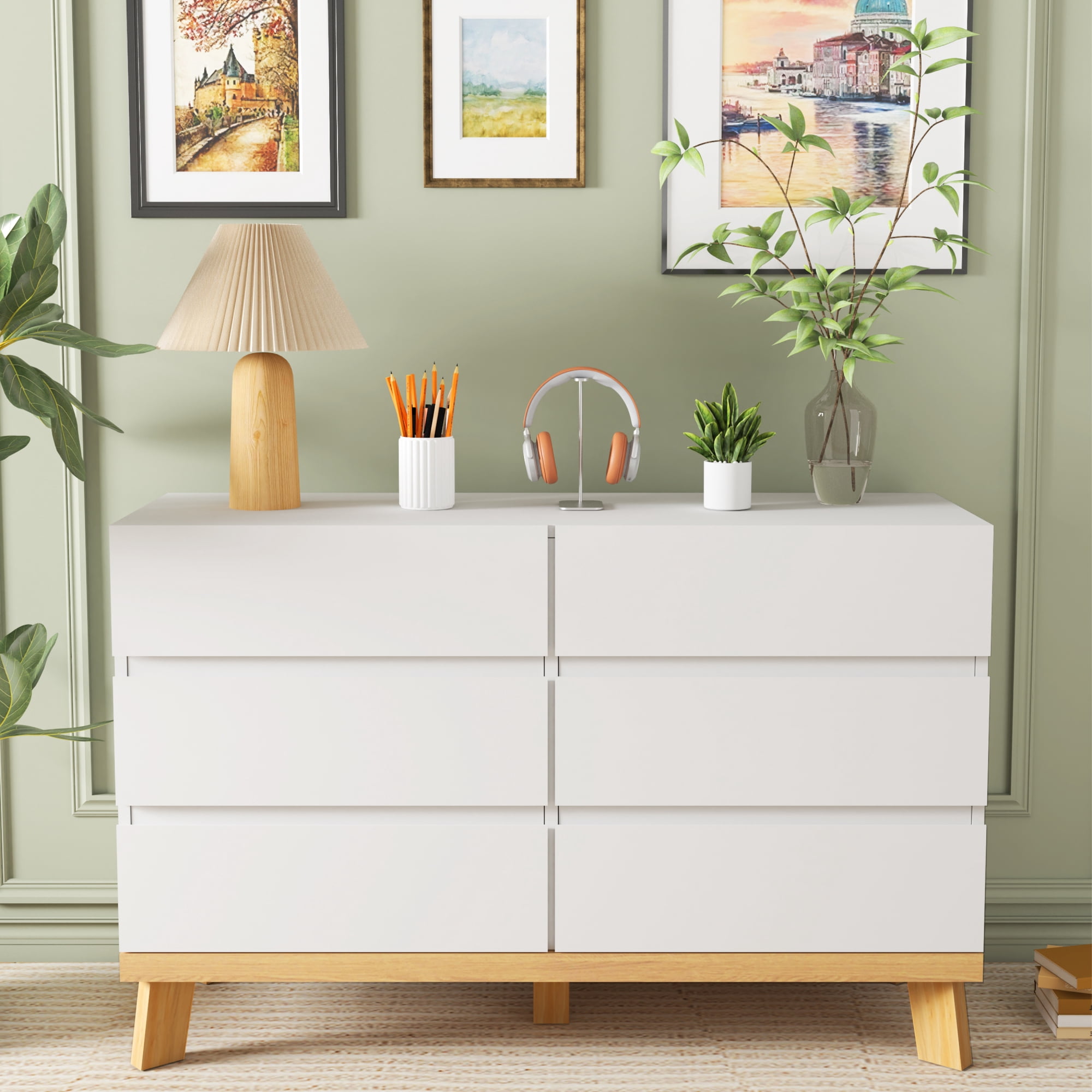 6-Drawer Dresser,White Double Dresser,Wood Storage Cabinet Chest of Drawers for Bedroom,Living Room