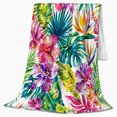 thumbnail image 2 of Magenta Hibiscus with Monstera and Palm Leaves, Bold Tropical Style for Flower Lovers, Jewel Color Garden and Housewarming Gift, Soft Flannel Blanket for Sunroom and Guest Room, Home Decor, 2 of 9