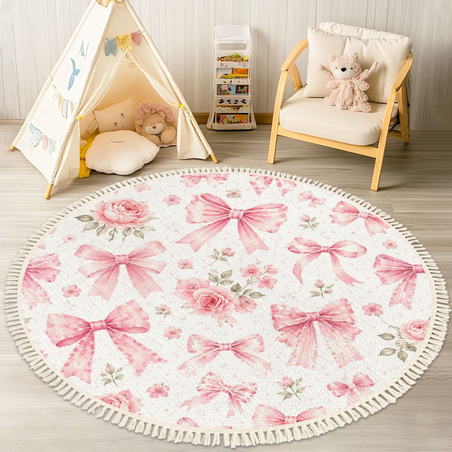 Washable Non Slip 4ft Round Rug Pink Floral Bow Roses Circle Area Rugs with Tassels Carpet for Nursery Bedroom Living Room Playroom Tent rug Tent Castle