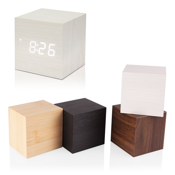Cubo De Madera Moderno Diseño Digital Led Despertador De Escritorio Control De Voz Termómetro Temporizador Calendario Minnieouse HA025891-02