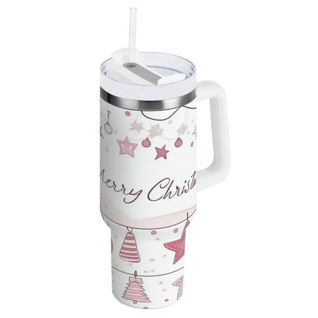 

Stainless Steel Tumbler with Straw and Handle Double Wall Insulated Tumblers Balls and Hearts Pattern