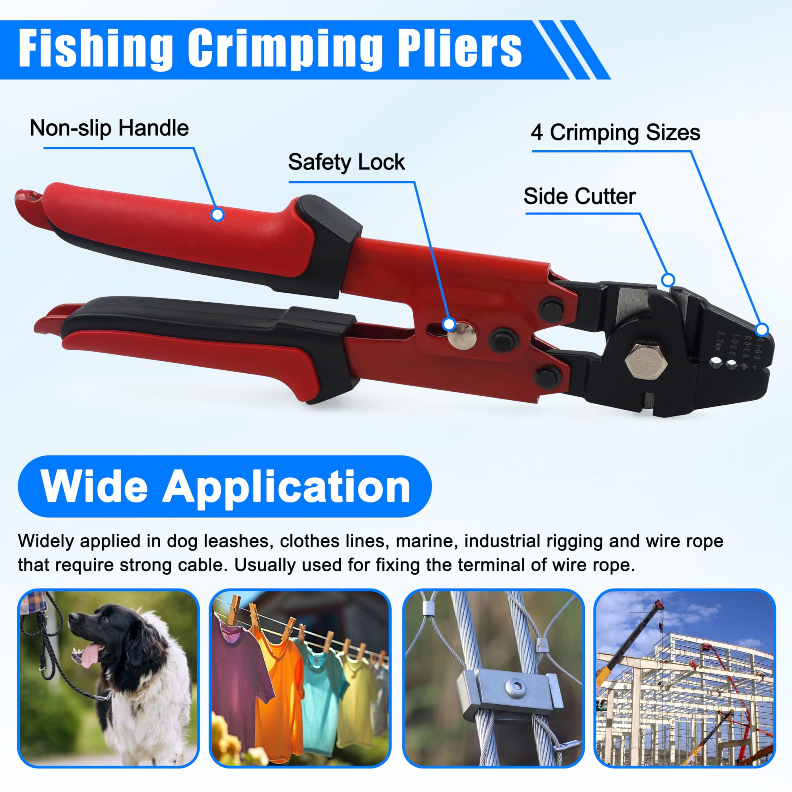 Wire Rope Crimping Tool with Cutter + 500pcs Crimp Sleeves Set Effort-Saving Fishing Crimping Pliers Stainless Steel Fishing Wire Crimper Tool, 4 Size Crimp Sleeves Fishing Tackle Pliers