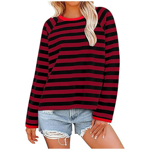 Besolor Women's Striped Shirts Casual Loose Long Sleeve Round Neck Pullover Tops Fall Trendy Blouses