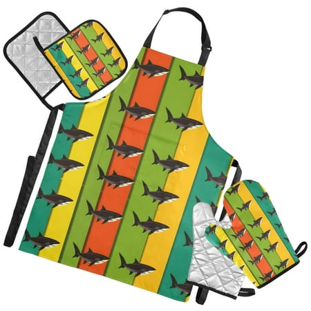 Ryvnso Sharks on Rainbow Kitchen Apron Oven Mitts Set Pot Holders