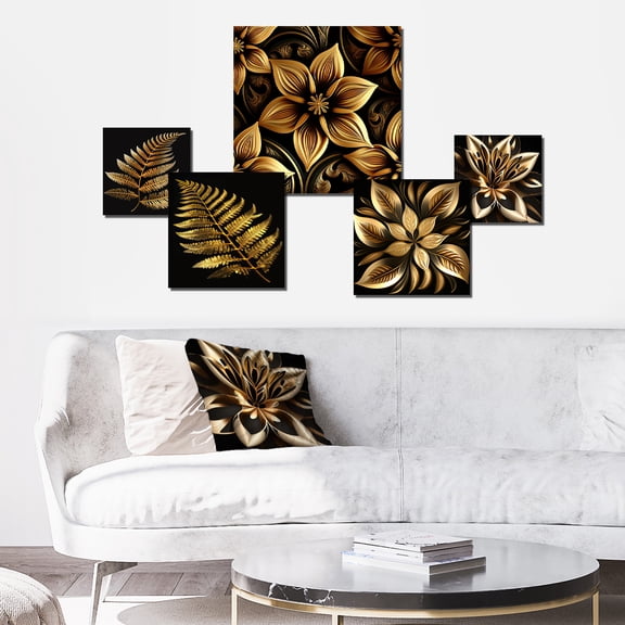 Designart "Golden Fern On Black I" Floral Ferns Metal Wall Decor Set