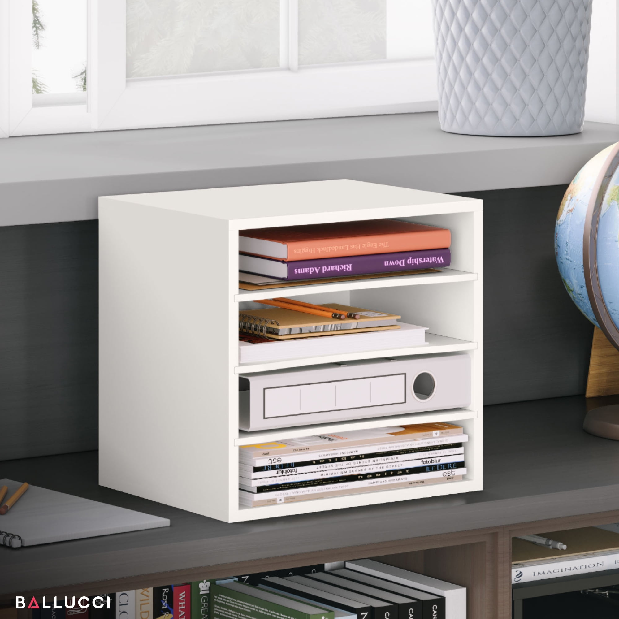 Ballucci 4-Tier File Paper Organizer, Wood Stackable Letter Tray with Adjustable Shelves, White