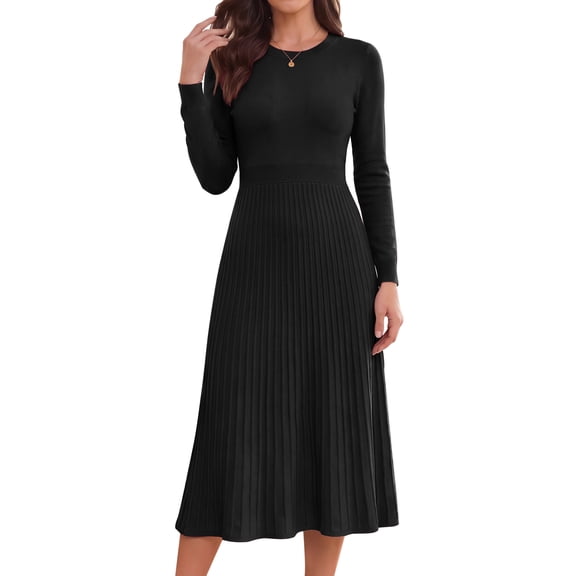 DARING DIVA Women's Long Sleeve Sweater with Knit A-Line Midi Design Dress S Black