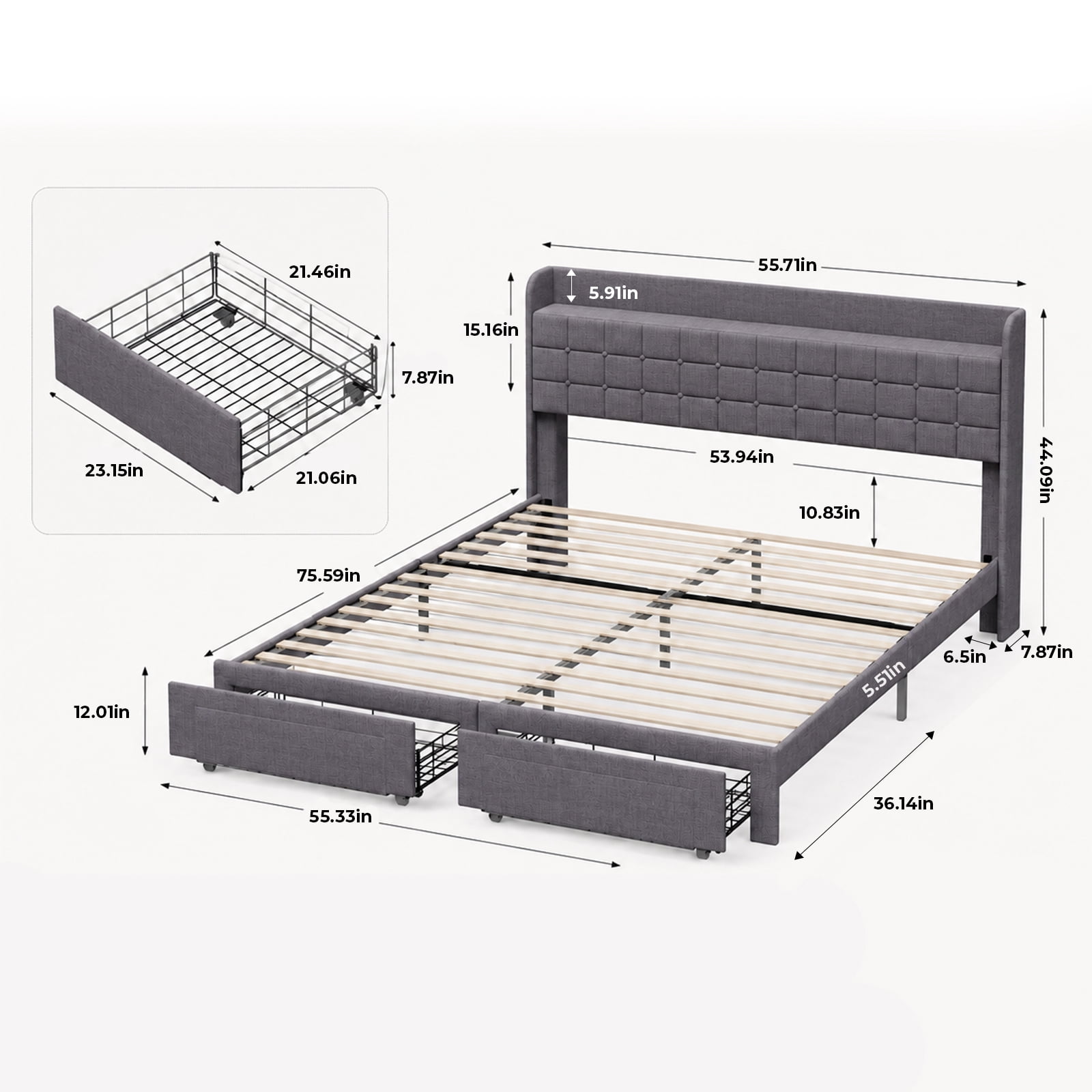 Alvantor Upholstered Bed Frame with 2 Storage Drawers and Fabric Headboard, Full Size, Heavy Duty Metal Platform, Easy Assembly