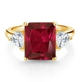thumbnail image 2 of Gem Stone King 18K Yellow Gold Plated Silver Red Created Ruby and White Moissanite 3 Stone Ring for Women (6.64 Cttw, Octagon 12X10MM, Trillion 5X5MM, July Birthstone, Size 8), 2 of 3