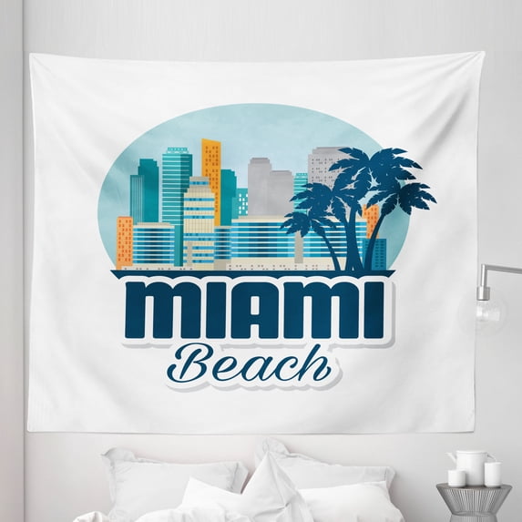 Vintage Florida Tapestry, Miami Beach Speedy Lifestyle Tropical Landscape Summer Illustration, Fabric Wall Hanging Decor for Bedroom Living Room Dorm, 5 Sizes, Blue Orange White, by Ambesonne