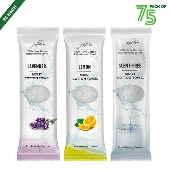 FabbPro Oshibori Moist Terry Cotton Refreshment Towels (75 Pack, 8 x 8 Inches) - White Pre-moistened 100% Cotton Towel to Use Hot or Cold ? Unscented, Lemon & Lavender Scent ? Bundle of 25 each