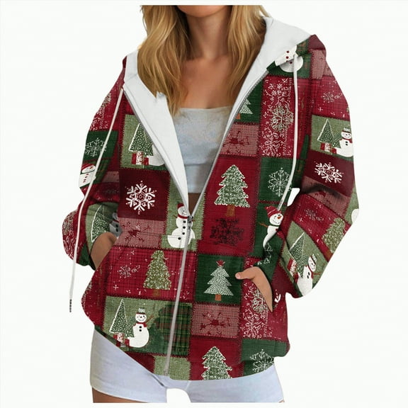 Rotm Womens Christmas Sweater Women's Novelty Print Zip Up Hoodies Long Sleeve Hooded Sweatshirt Jacket with Pocket(Grey,L)