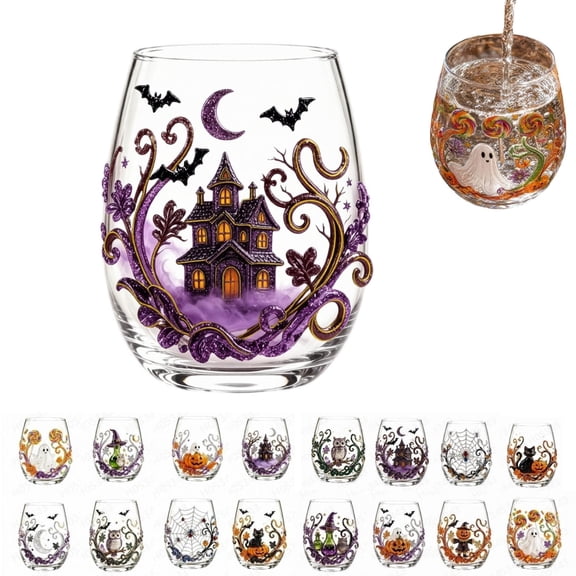 Halloween Stemless Wine Glass,15oz,3D Embossed Ghost Pumpkin Drinking Cup,Spooky Glassware for Fall Parties 3.4x4.2in(J)