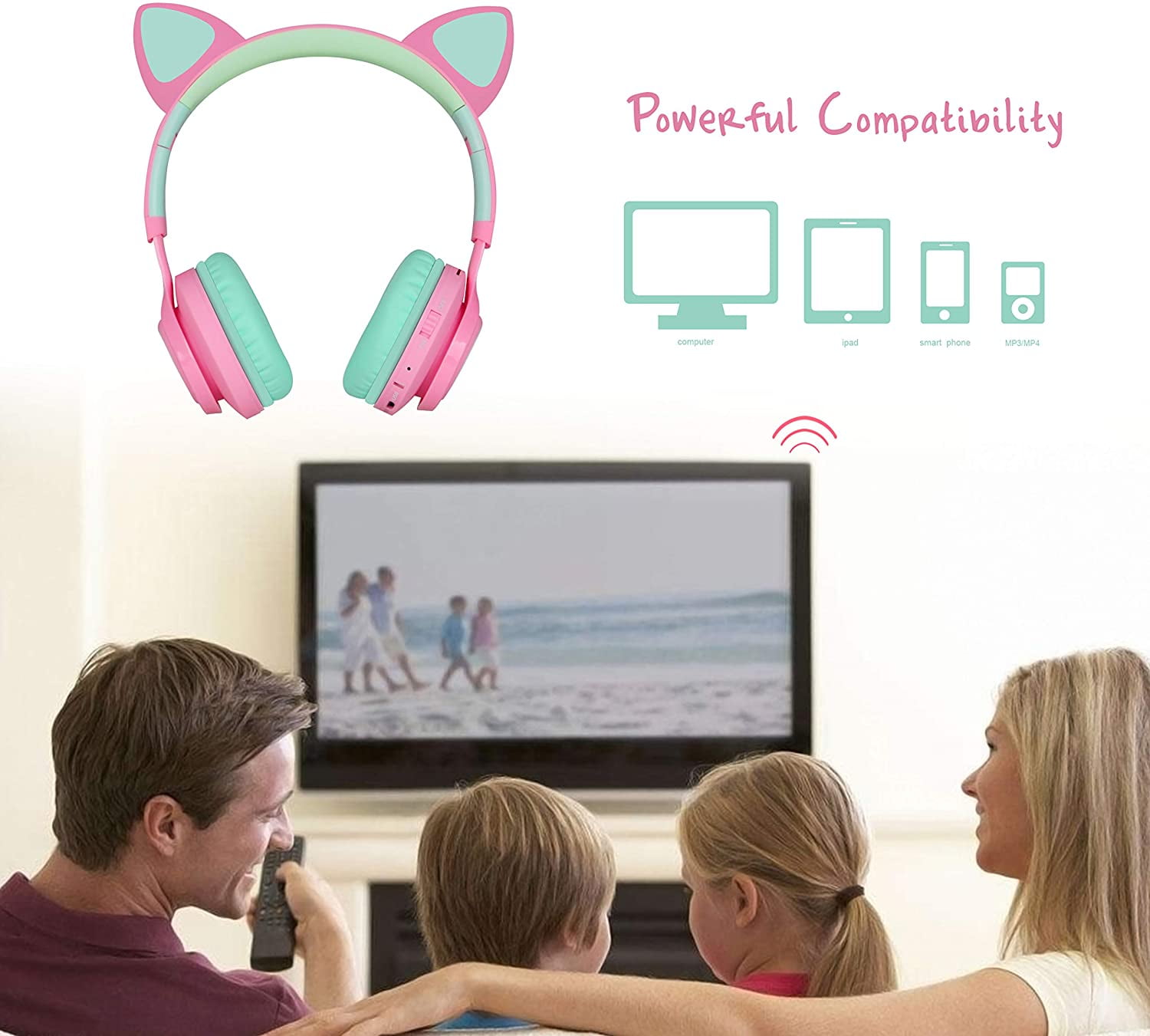 Riwbox Bluetooth Headphones, Riwbox CT-7 Cat Ear LED Light Up Wireless Foldable Headphones Over Ear with Microphone and Volume Control for iPhone/iPad/Smartphones/Laptop/PC/TV (Pink&Green)