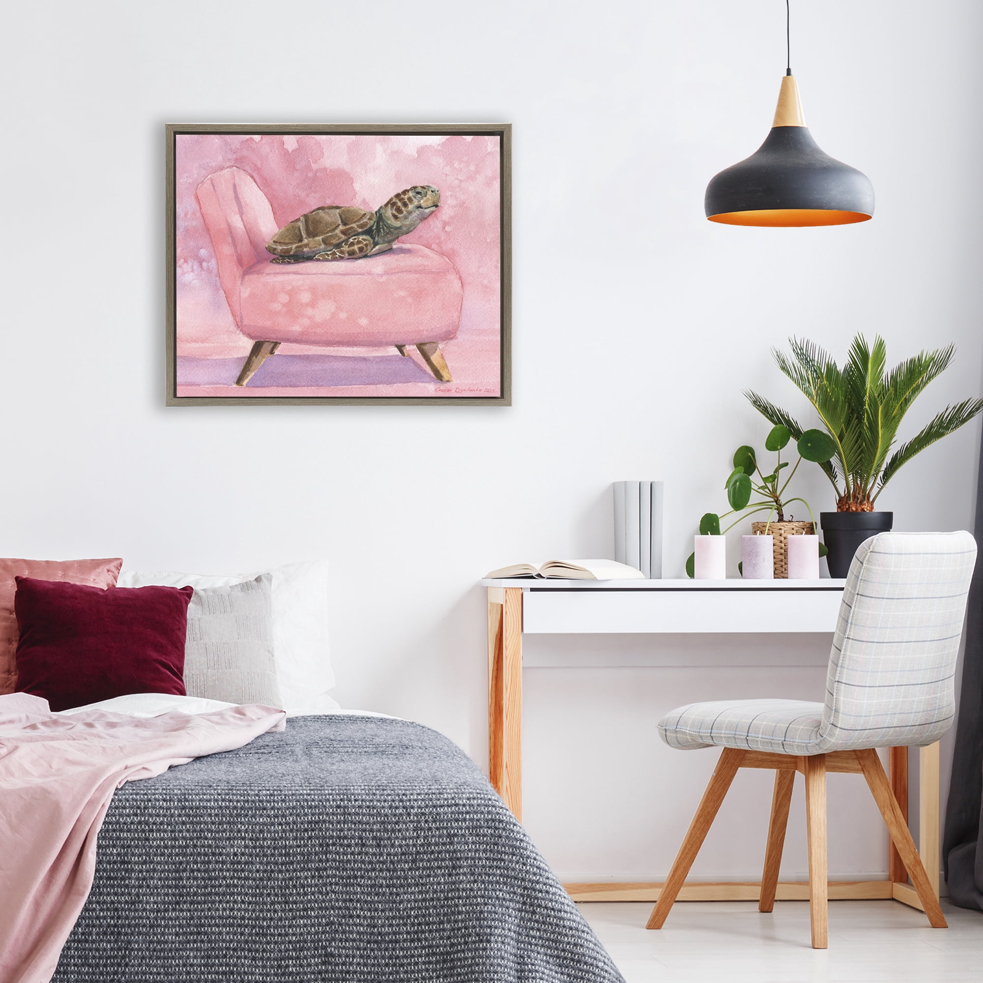 Stupell Industries Happy Turtle on Pink Chair Brown Framed Floater Canvas Wall Art, design by George Dyachenko
