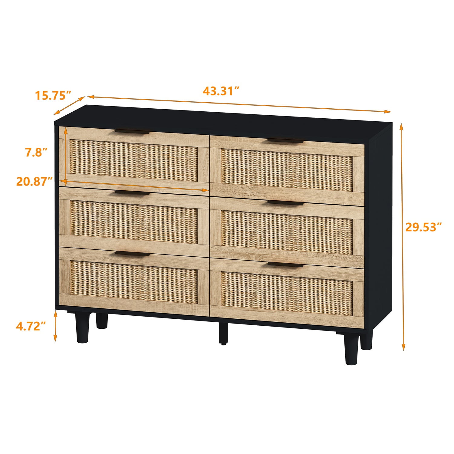 Kadyn 43.31"H 6-Drawers Rattan Storage Cabinet, Chest of Drawers for Bedroom, Black Nursery Dresser
