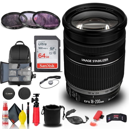 Canon EF-S 18-200mm F/3.5-5.6 IS Lens (2752B002) + Filter Kit + BackPack + More (International Version)