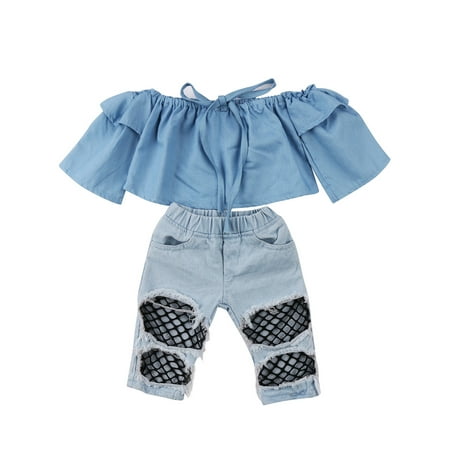 

Pudcoco Newborn Baby Girls Off Shoulder Tops Denim Pants Hole Jeans Outfits Set