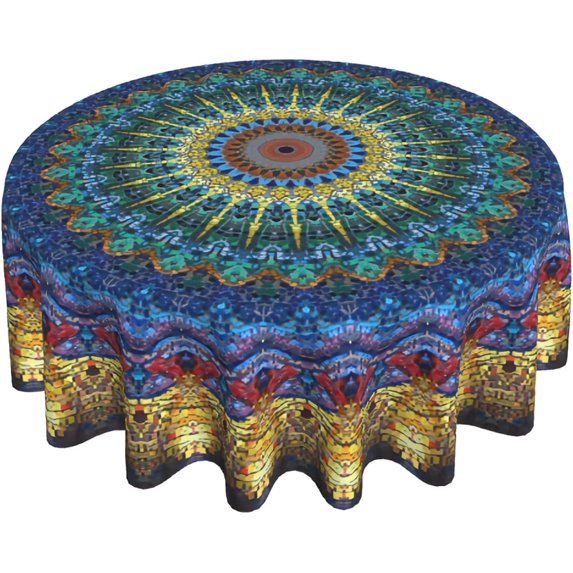 Boho Blue Mandala Round Tablecloth Rustic Colorful Print Decorative Abstract Table Cloth 60 Inch Polyester Fabric Farmhouse Table Cover for Home Kitchen Indoor Picnic Patio Party