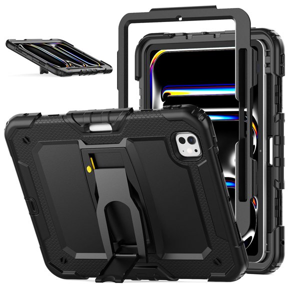 for iPad Pro 11 Inch (M4 2024/M5 2025) Case, 3in1 Heavy Duty Shockproof Tablet Case with Stand, Shoulder Strap, Black