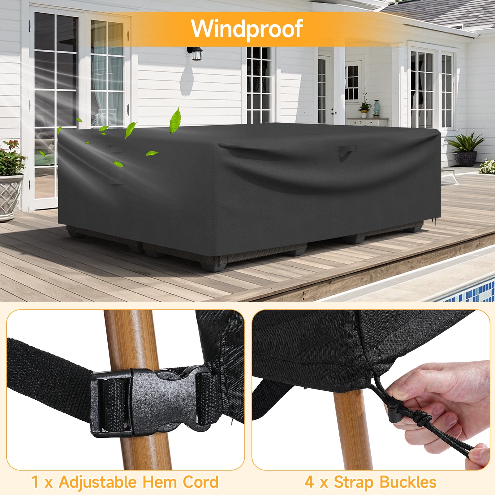 Dovov Patio Furniture Covers, Waterproof Rectangular Outdoor Furniture Covers Heavy Duty Outdoor Couch Sectional Sofa Set Cover Patio Table Covers with 4 Windproof Buckles, 90"x64"x28"