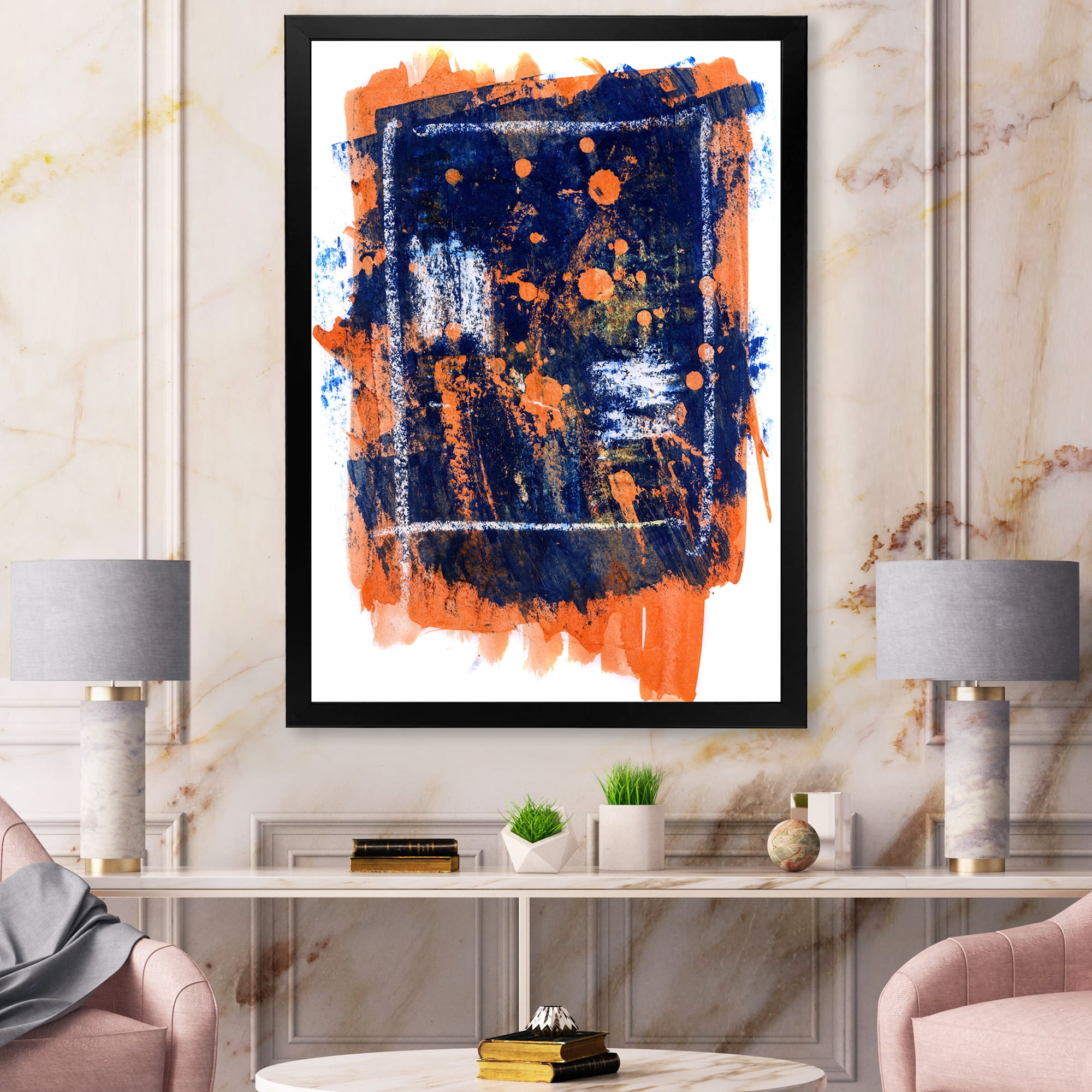 Designart 'Navy Blue and Orange Abstract' Modern Framed Art Print