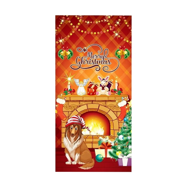 Décorations de Noël Extérieures Rideau de Porte de Noël Drapeau Extérieur Photo Père Noël et Chiot Décoration de Fond Tissu Suspendu Décorations de Noël Intérieures