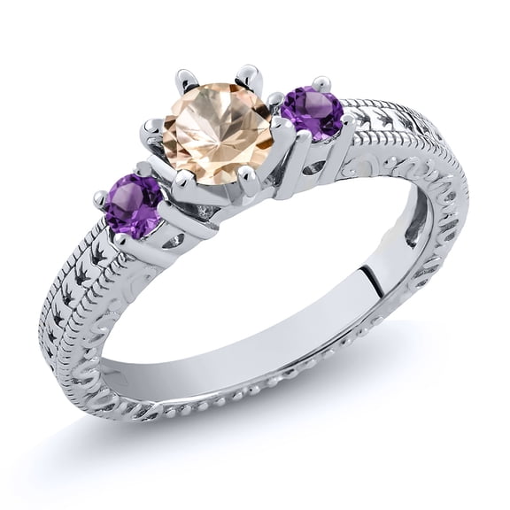 Gem Stone King 0.60 Ct Round Peach Morganite Purple Amethyst 925 Sterling Silver Ring (Size 5)
