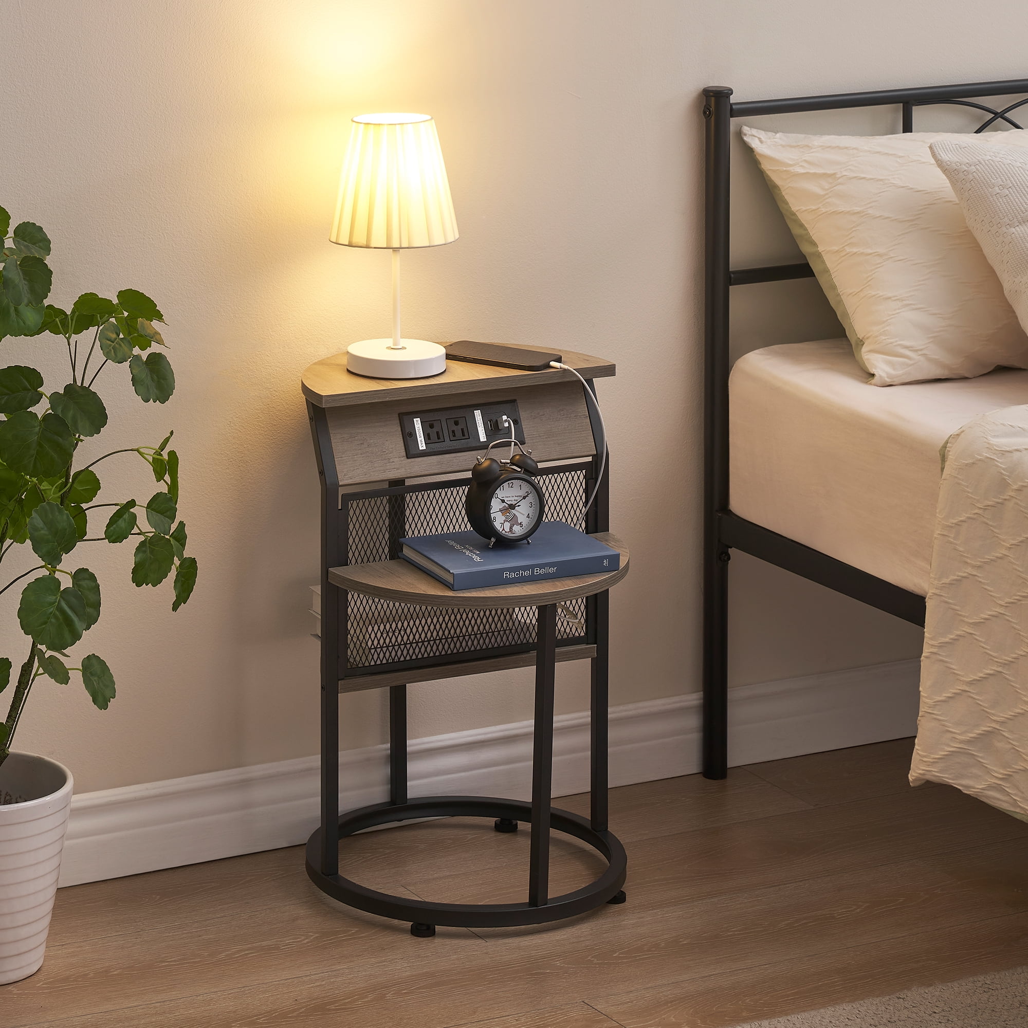 Tookss Narrow Side Table with Charging Station,Rustic End Table USB