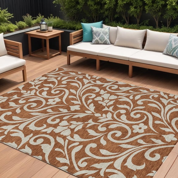 9' X 12' Brown And Beige Floral Washable Indoor Outdoor Area Rug