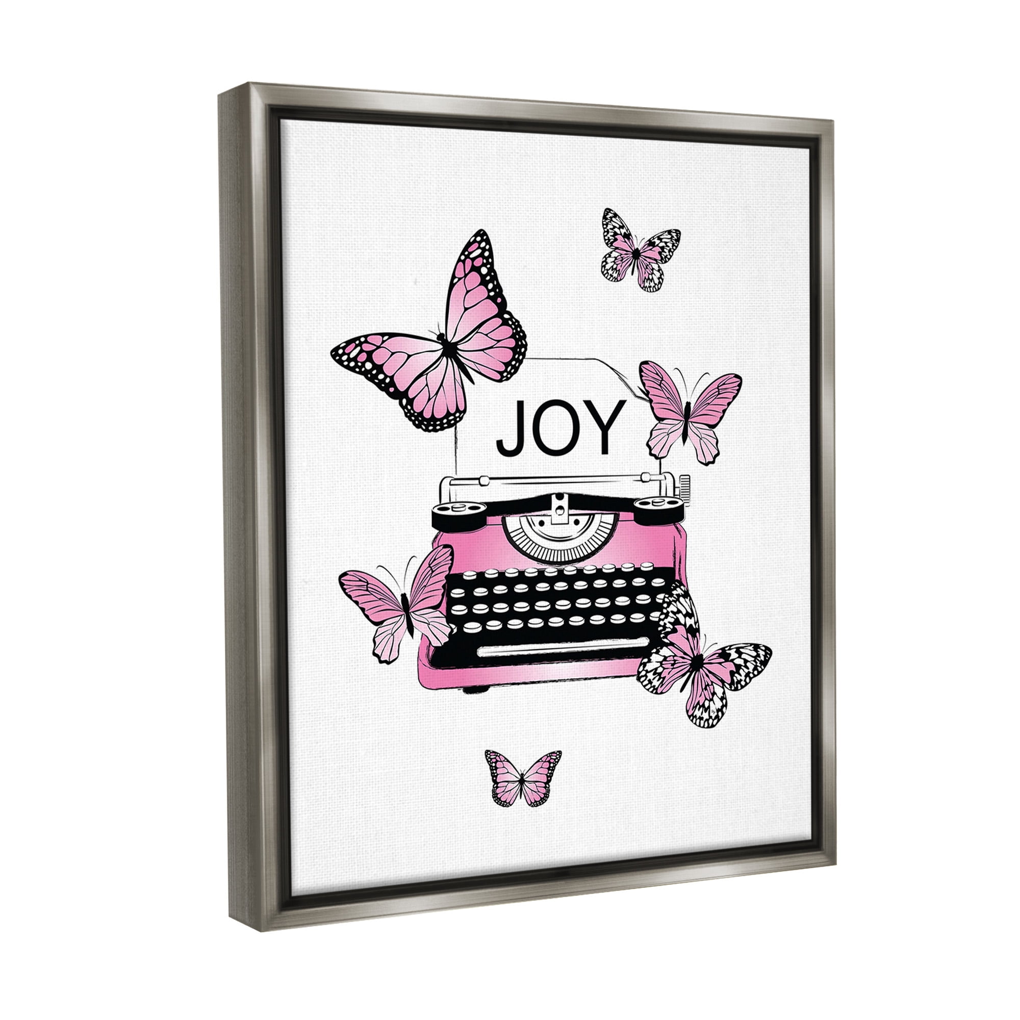 Stupell Industries Typewriter with Joy Animals & Insects Painting Gray Floater Framed Canvas Art Print Wall Art, 17 x 21