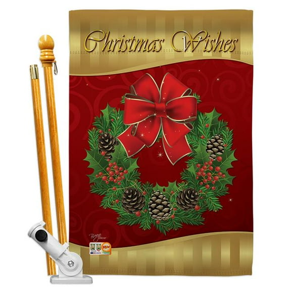Breeze Decor BD-XM-HS-114078-IP-BO-D-IM10-BD 28 x 40 in. Christmas Wishes Winter Impressions Decorative Vertical Double Sided House Flag Set with Pole Bracket & Hardware