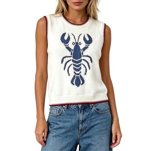 Sweater for Women Distinct Lobster Print Round Neck Sleeveless Knit Vest Contrast Fashion Casual Daily Outerwear