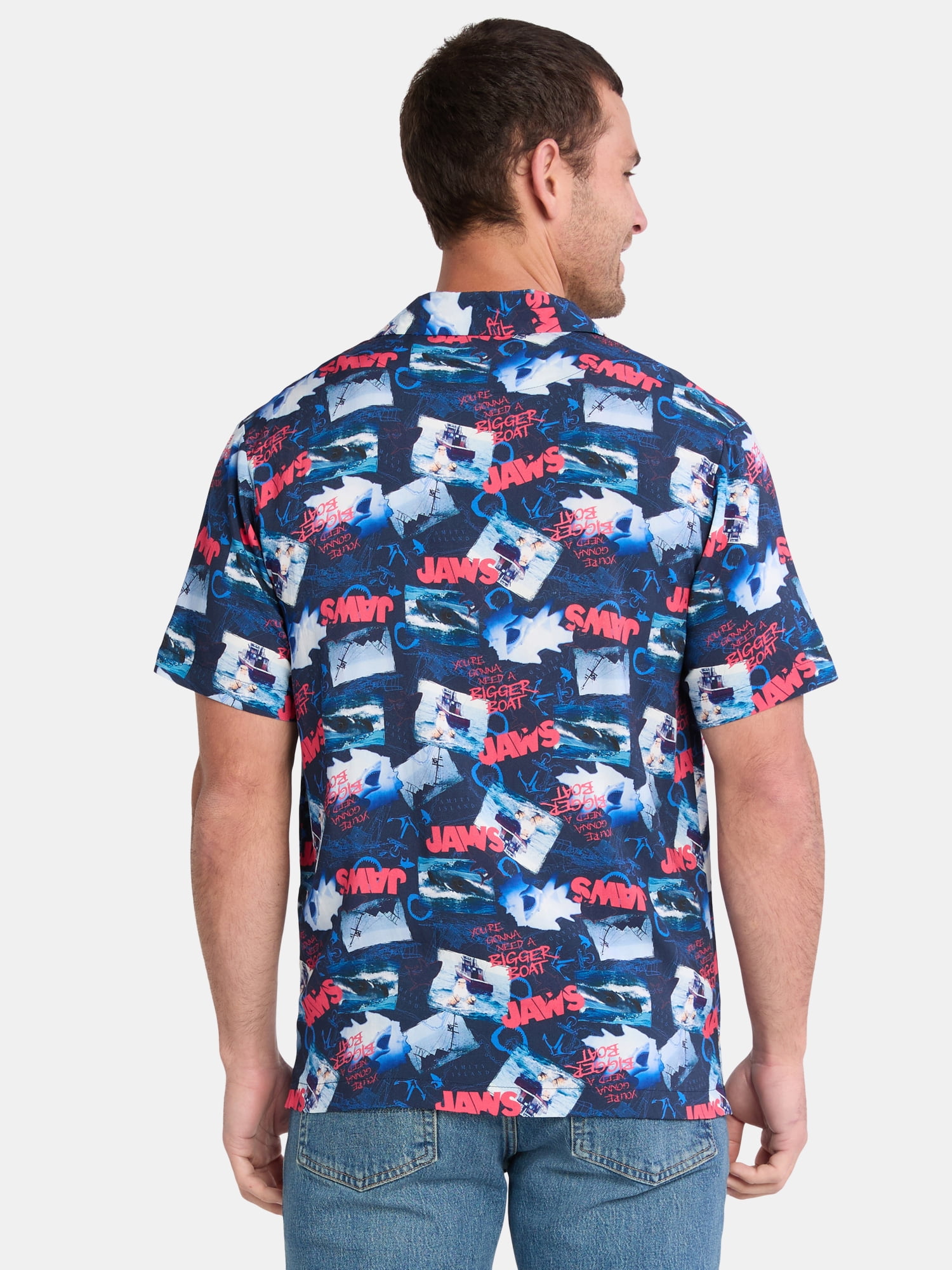 Jaws Men's Print Button Up Shirt with Short Sleeves, Sizes XS-5XL