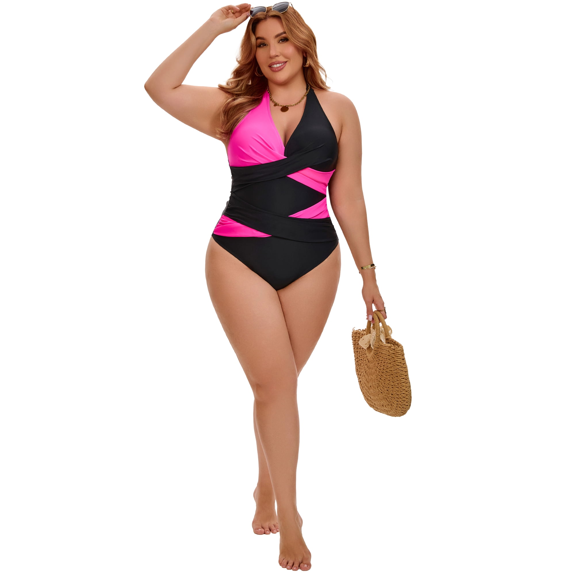 DARING DIVA Women's Plus Halter Criss Cross Backless 1 Piece Bathing Suit L Pink