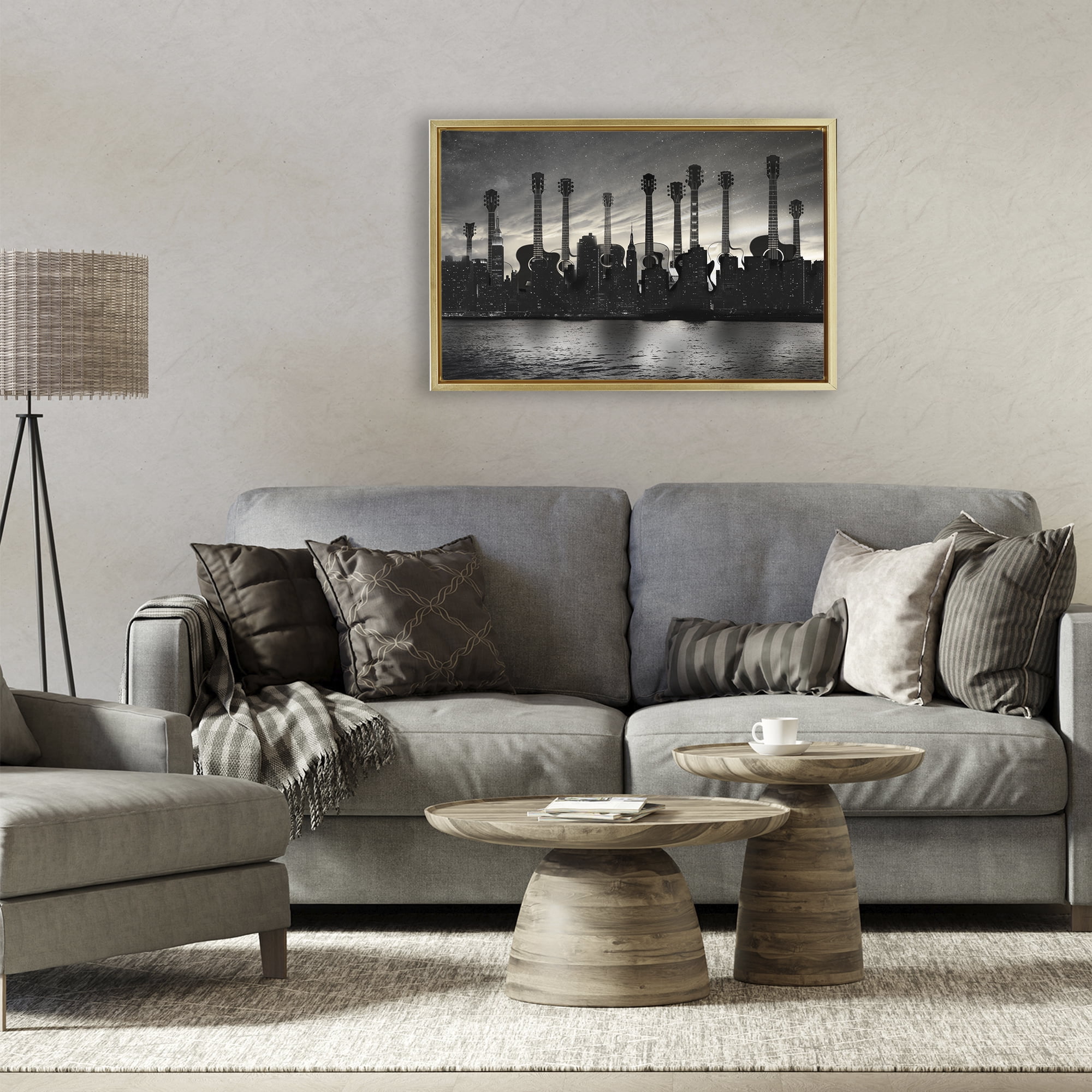 Stupell Industries Guitar Skyline Cityscape Gold Framed Floater Canvas Wall Art, design by CAD Designs