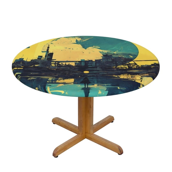 Colorful Geometry Round Fitted Tablecloths Table Covers Wipeable Waterproof Elastic for Kitchen Dinning Parties Wedding Picnic Small Fits 40-44 Inch Table Size